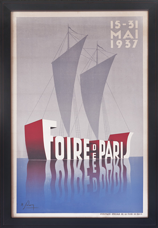 "Foire de Paris" on a calm body of water with sails rising from text; blue, gray, red, white