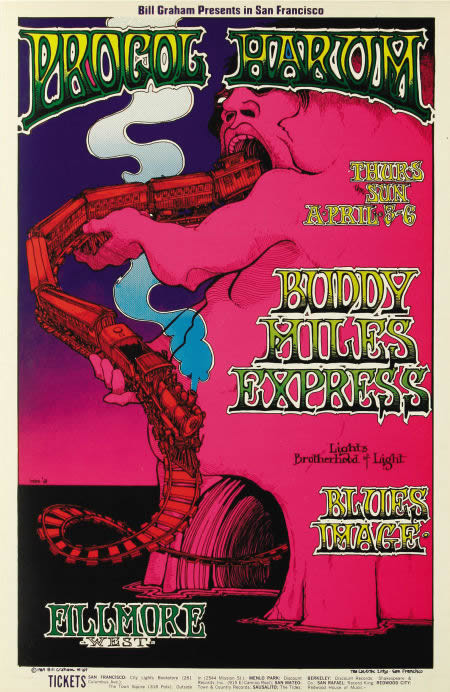 No. 167, creature shoves train and tracks down his throat, Buddy Miles Expressm Blues Image; pink, purple, green