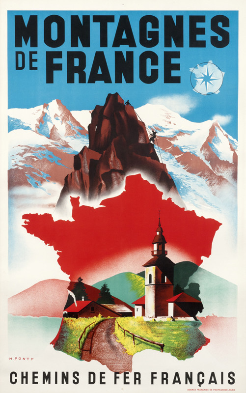Mountain climbers on peak above town and map of France; red, brown, blue