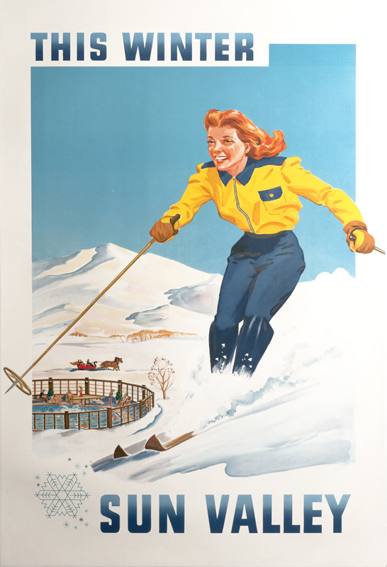 WOMAN SKIS BY OPEN AIR POOL; BLUES, WHITE, YELLOW
