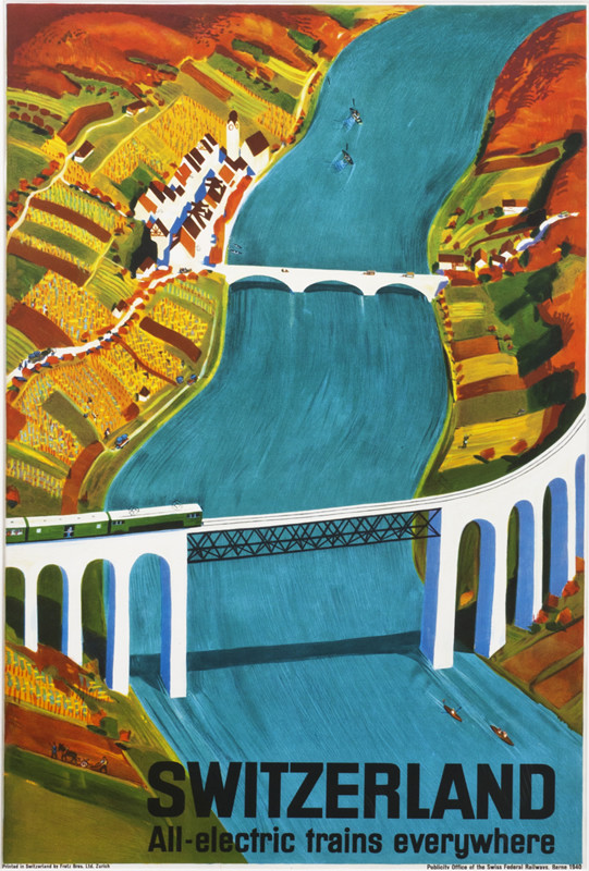 Electric train crossing bridge, patchwork farms on riverbanks; blue, grey, green, orange