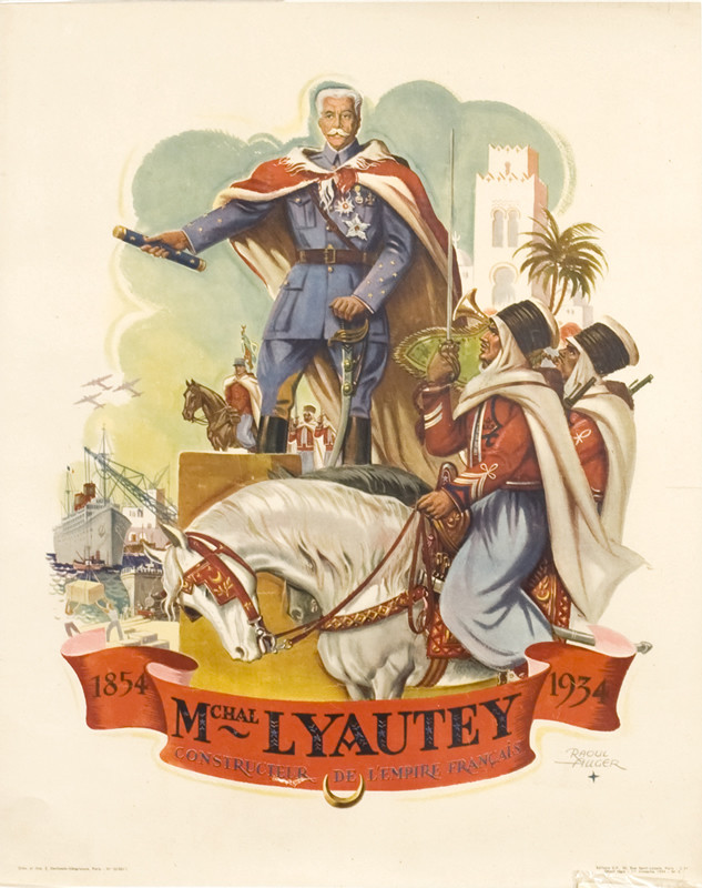 View of triumphant general overlooking Moroccan troops on horseback; red, white, blue