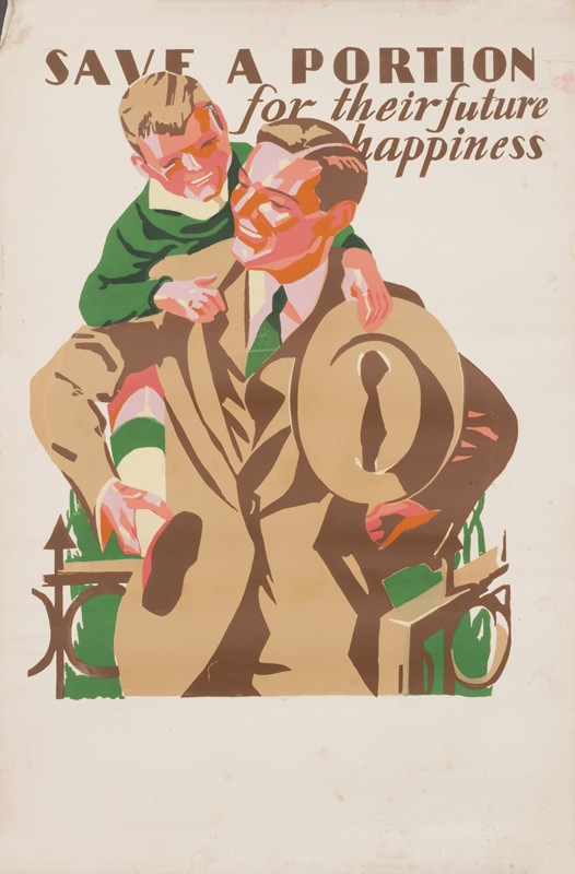 Smiling man carries young boy on shoulders; green, brown, pink