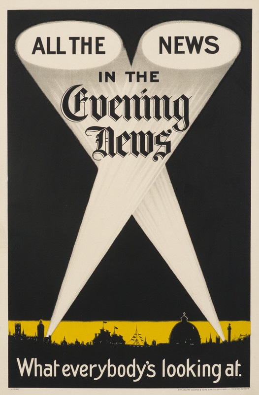 Crossed spotlights illuminate words of title and skyline monuments in silhouette; black, yellow, white