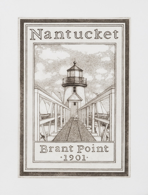 View of Brant Point lighthouse on Nantucket, dog; black, white
