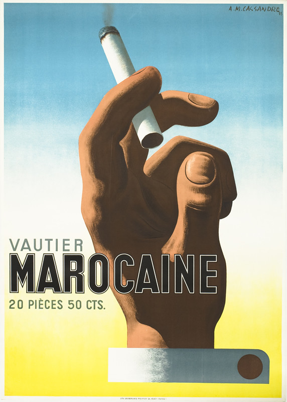 Hand with cigarette; blue, yellow, tan