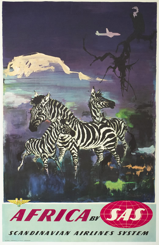 Painterly view of mother and baby zebras grazing, snowy mountains behind, plane flying above; purple, blue, black