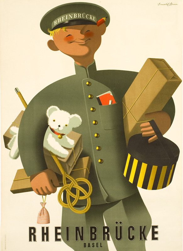 Smiling boyish valet carries packages, hatbox, boxes; gray, white, brown