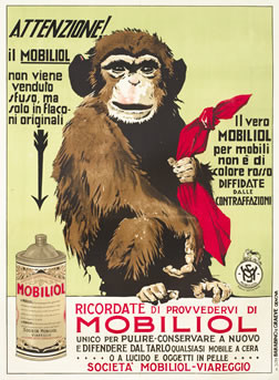Monkey holds red rag, arrow points to Mobiliol bottle; green, brown, red, black