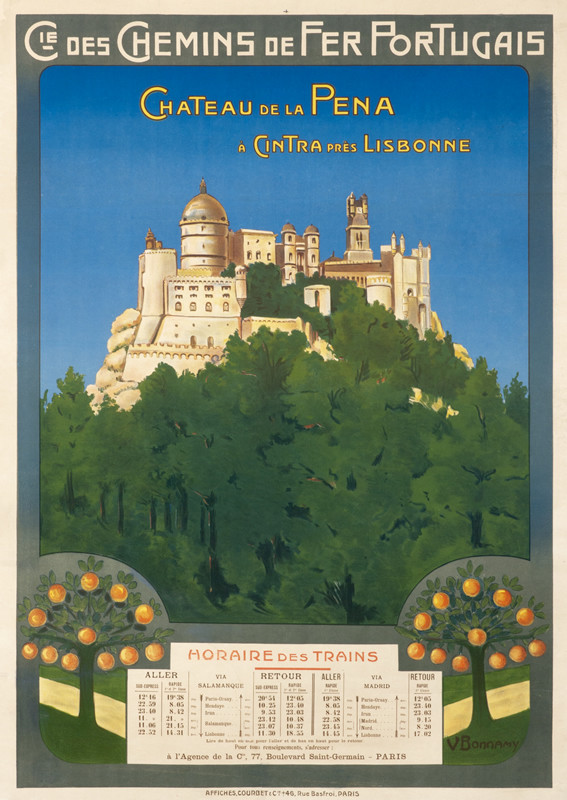 Castle, blue sky, orange trees;