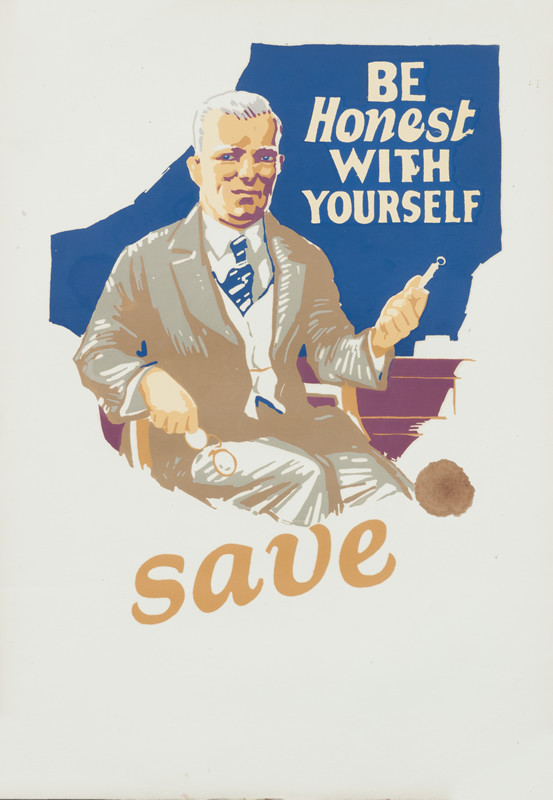 Man seated at desk holds watch; blue, green, purple