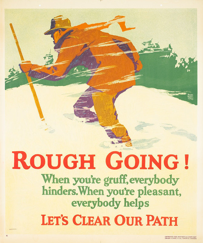 Man with walking stick battles the wind as he walks through snow; orange, green, red