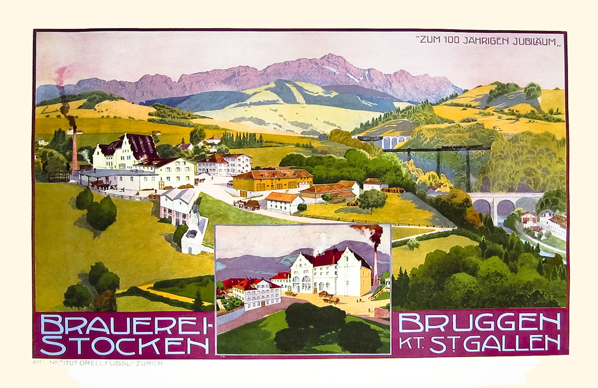Industrial buildings surrounded by countryside, peaks; green, purple, red and yellow