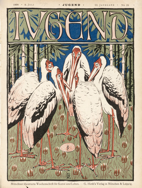 Storks in congress with egg; blue, green, pink