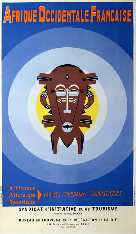 African mask on circles; blue, yellow, red