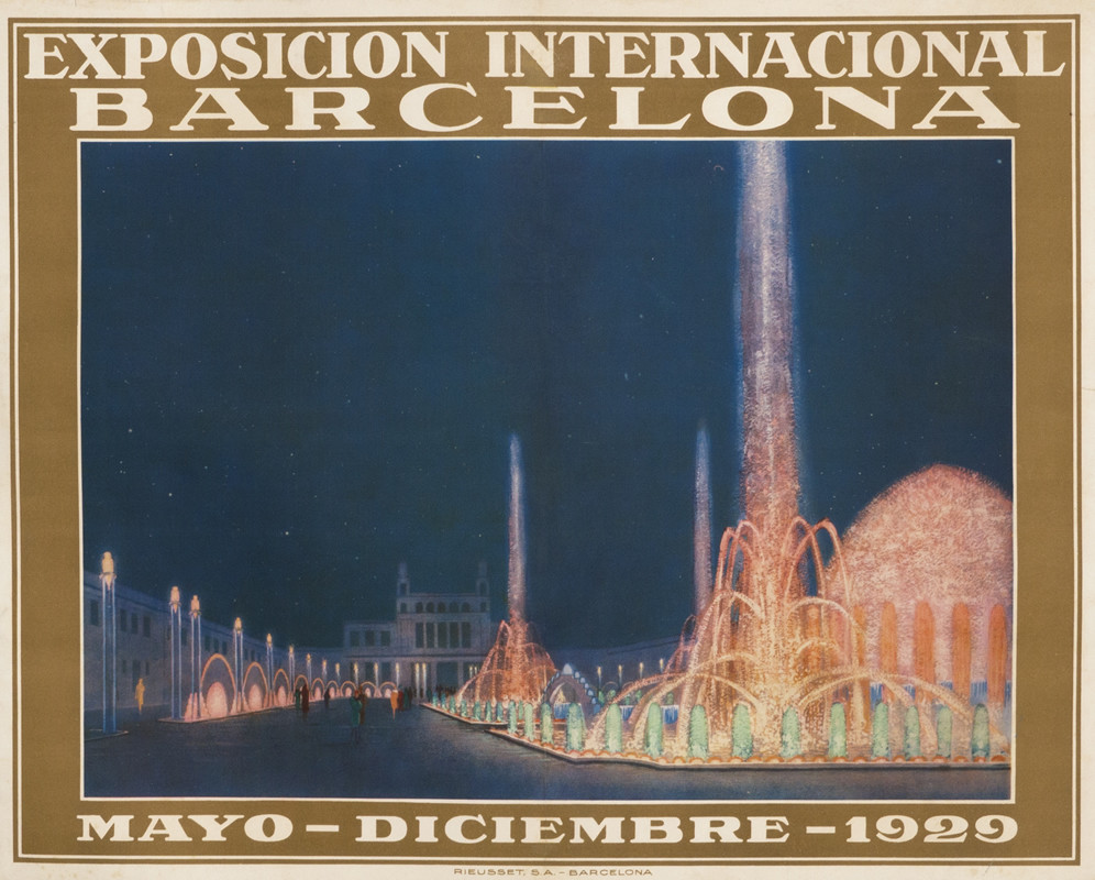 Montjuïc fountain, Alfonso XIII and Victoria Eugenia Pavilions in back; brown, blue, red