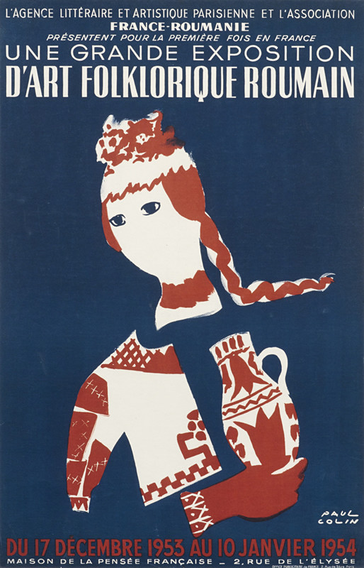 Woman with braid holds vase; red, blue, white