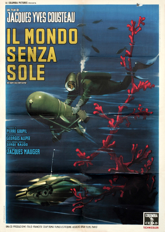 Jacques Cousteau dives with reinforced camera deep in the ocean; blue, red, green, yellow, white