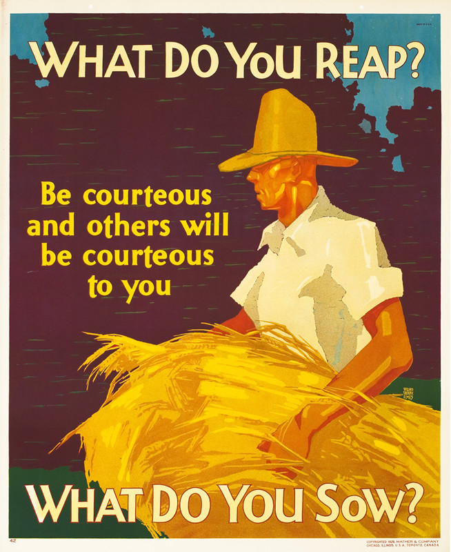 Man in hat carries a bale of hay under his arm; purple, orange