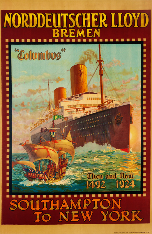 Ocean liner Columbus sails past Christopher Columbus's sailboat; red, green, blue, yellow