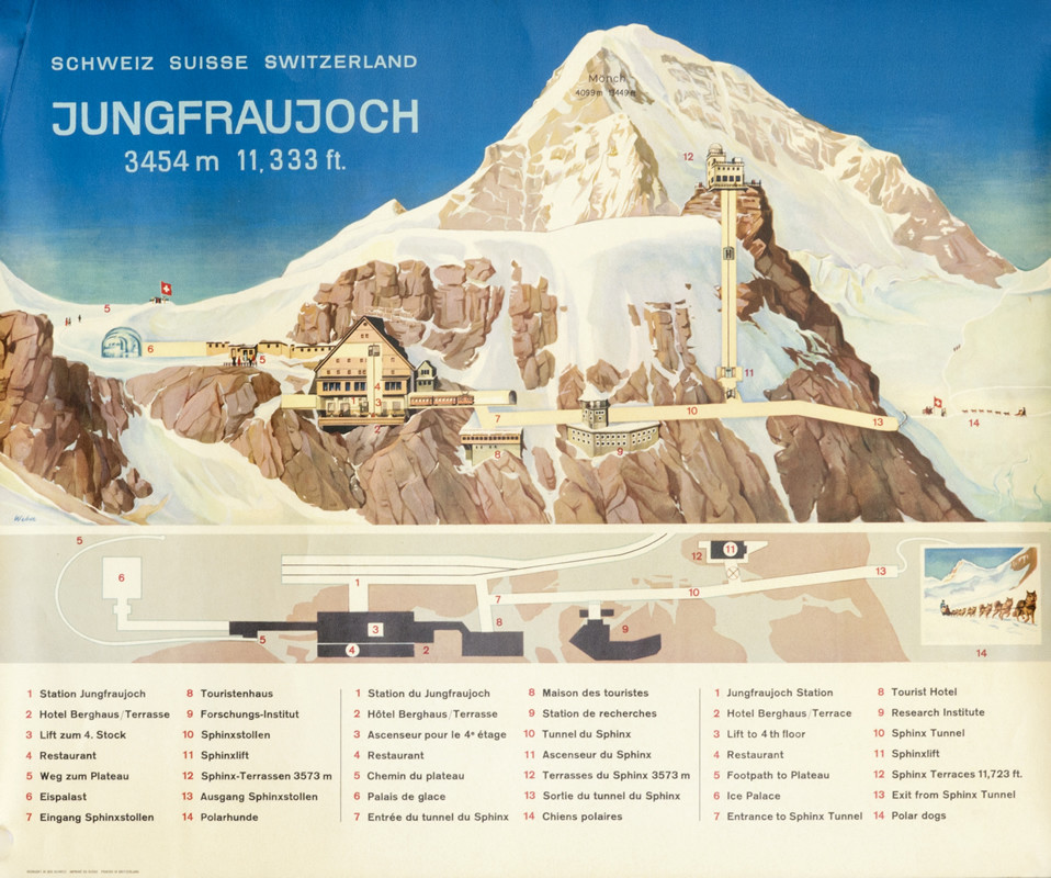 Map of train station on mountain with tourist hotel, ice palace and research center; blue, brown, white, red, green, pink