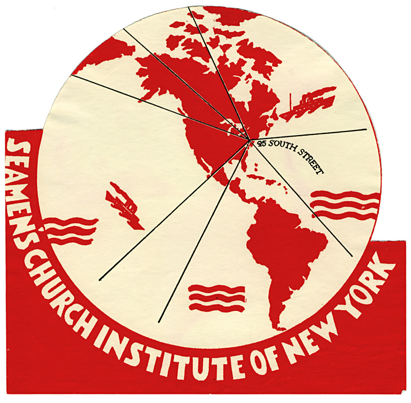 Globe with rays emanating from SCI address in New York City; red, white