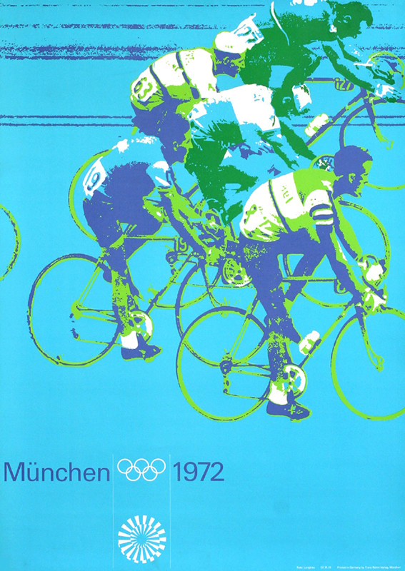 Five Men cycling; blue, green, purple