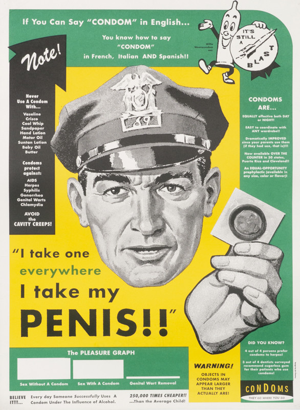 Man holds condom; black, yellow, green