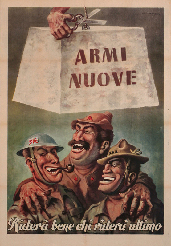 Brit, Yank, and Ivan soldiers about to be crushed; green, brown, red