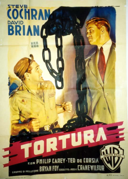 One man confronts another, huge fist clenches chain (Steve Cochran, David Brian); red, beige, blue