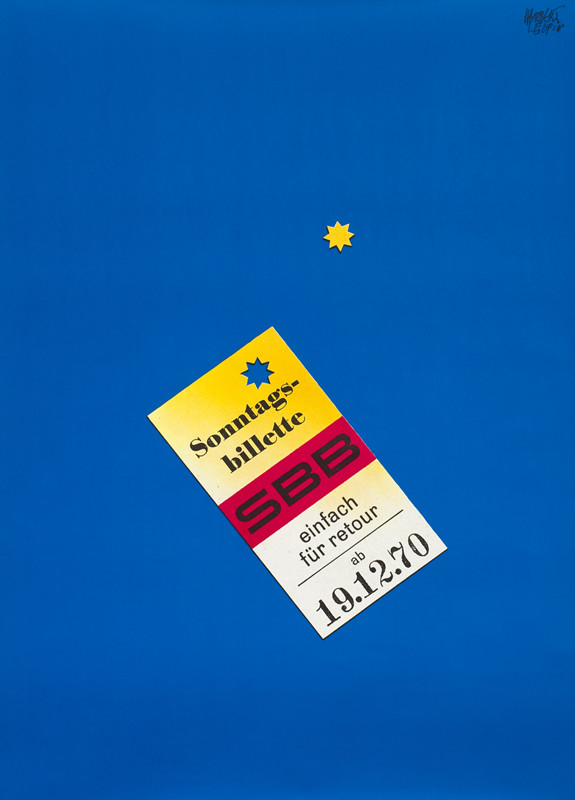Ticket on a blue field with a yellow sun cut out of the ticket; blue, red, yellow
