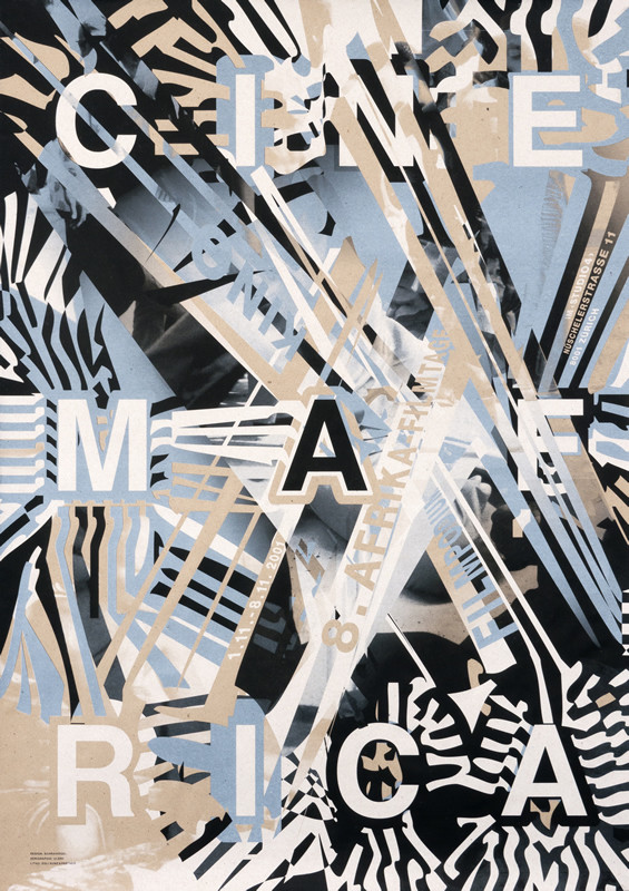 Printed on brown paper, abstract with zebra designs in light blue, black