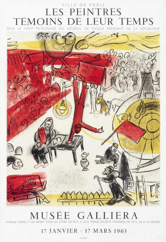 Festival scene with crowd and entertainers; red, yellow, white