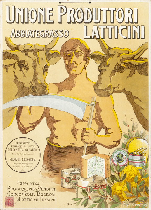 Bare chested man with scythe and cows; brown, orange