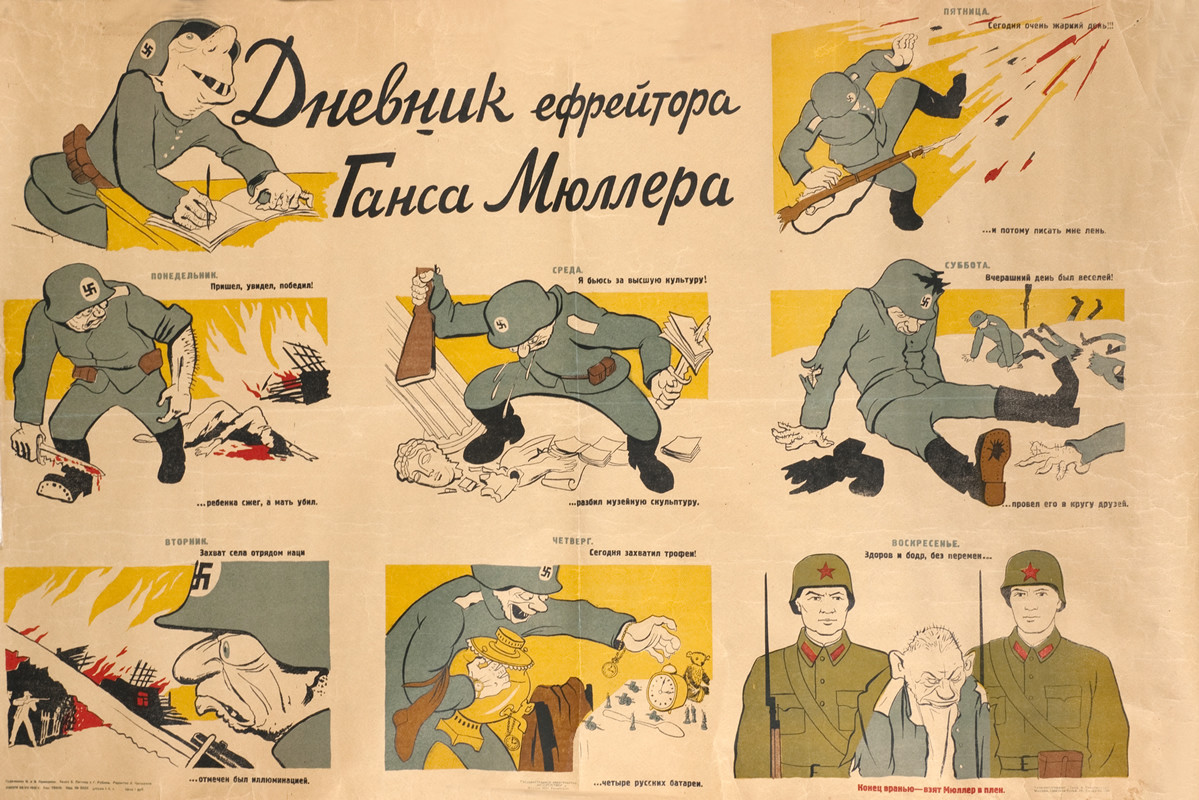 Various vignettes of German soldier writing home about looting, stealing, killing;