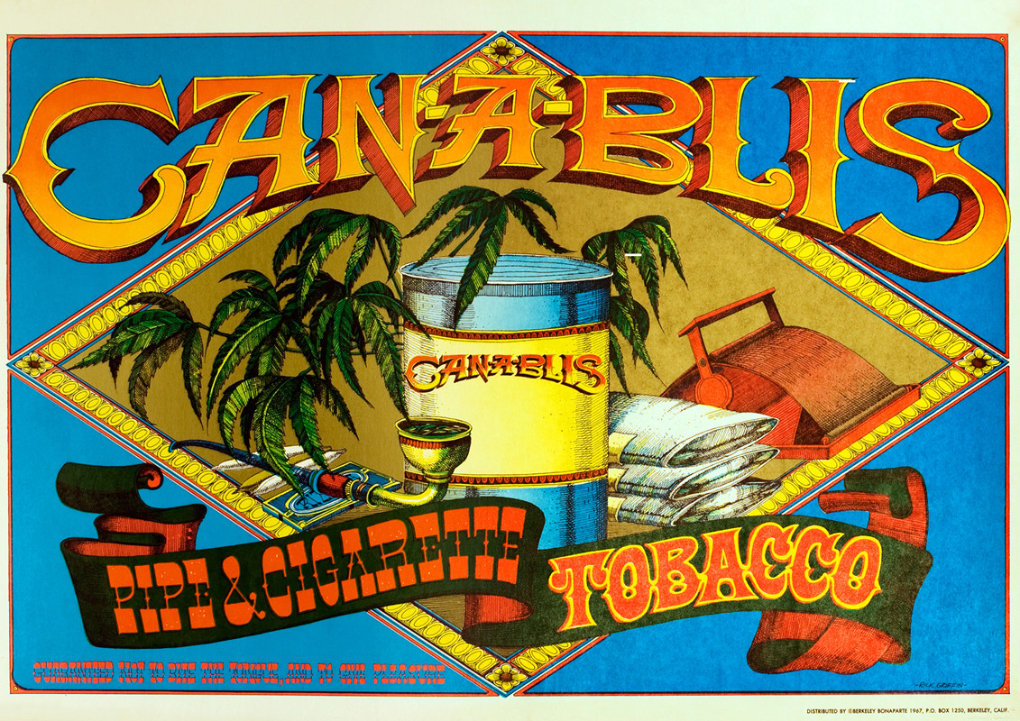 Carpet with pipe, tin and other smoking paraphernalia laid out; blue, red, orange, yellow, green