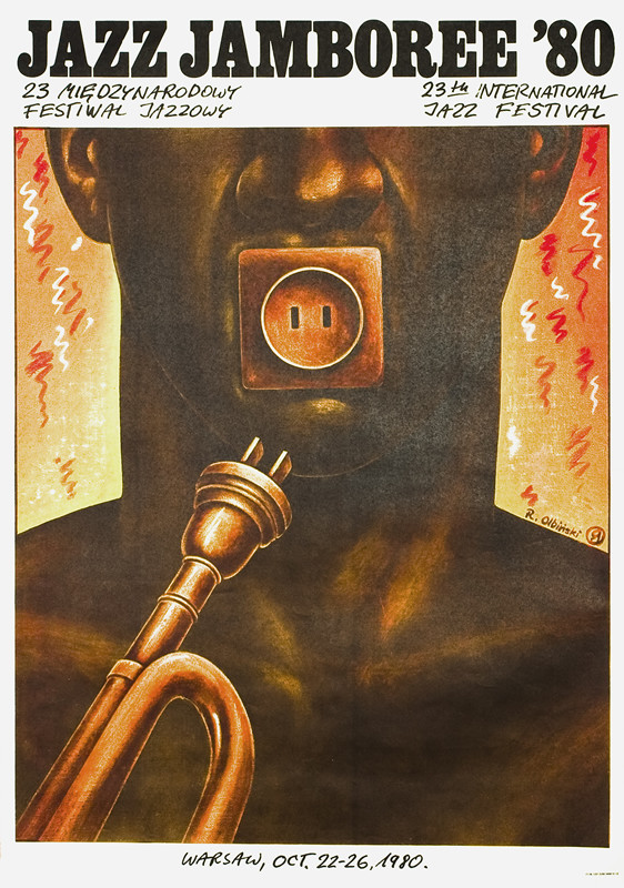Musician with electrical outlet for mouth holds insrument; orange, brown, yellow