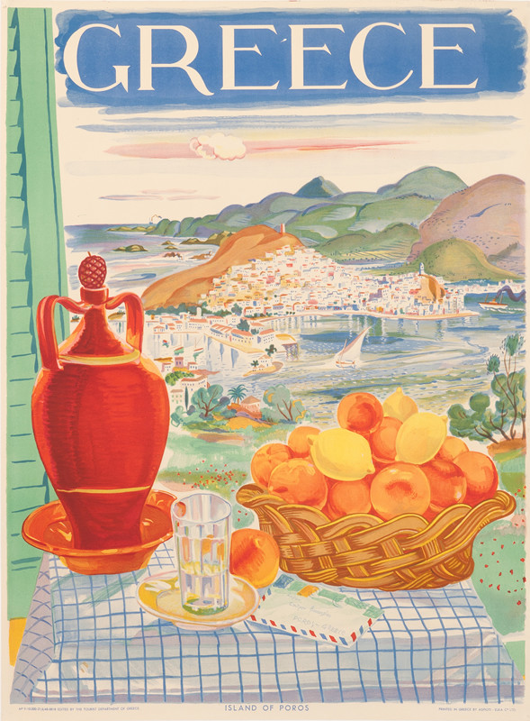 View of island through kitchen window; orange, blue, brown