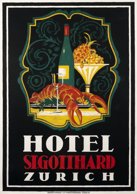 Lobster, wine, glass,fruit on table; black, red, gold, green