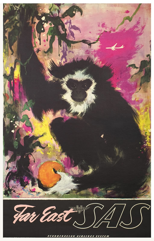 Painterly view of monkey swinging in tree, holding orange, plane flies behind; pink, purple, black, yellow