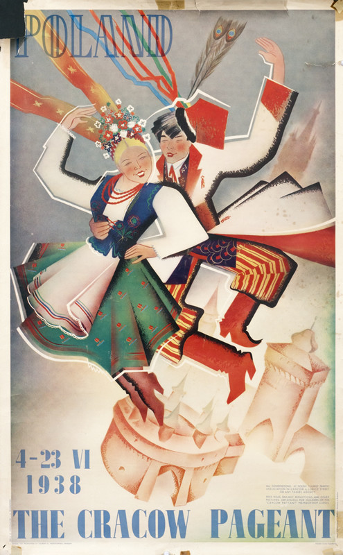 A couple dancing in costume; red, blue, green