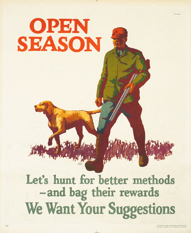 Hunter carrying gun, walking with his dog; green, brown