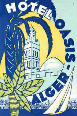 View of dome and tower, palm tree and sloop in front; blue, green, yellow