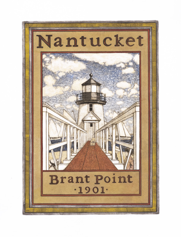 View of Brant Point lighthouse on Nantucket, dog; red, gray, yellow
