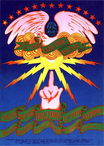 No. 104, image of bird, hand showing the middle finger; Mad River, The Fugs, 13th Floor Elevators; red, blue, yellow, green, pink