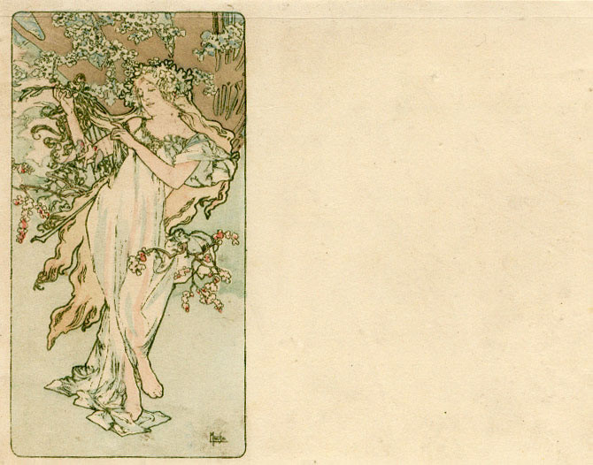 Woman with flowering tree and birds; pink, green
