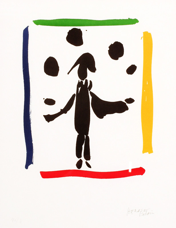 Clown juggling colored circles on white background; red, yellow, black