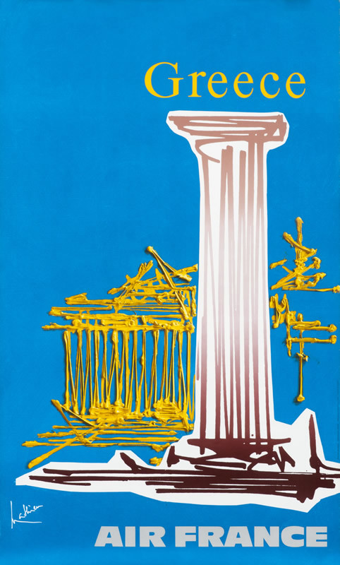 Greek column and Acropolis in background; brown, gold, blue