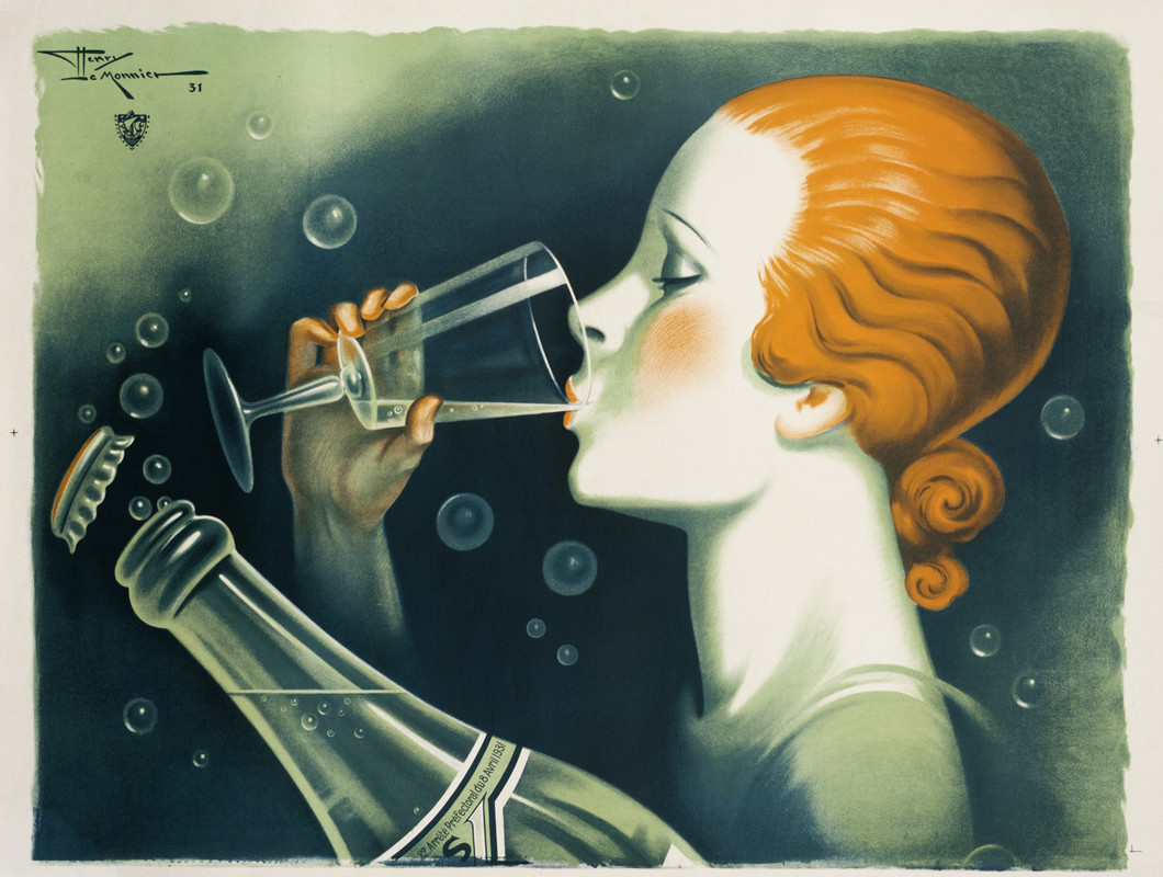 Red headed woman drinks mineral water