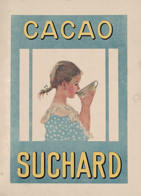 Girl sips hot chocolate from bowl; blue, yellow, pastel